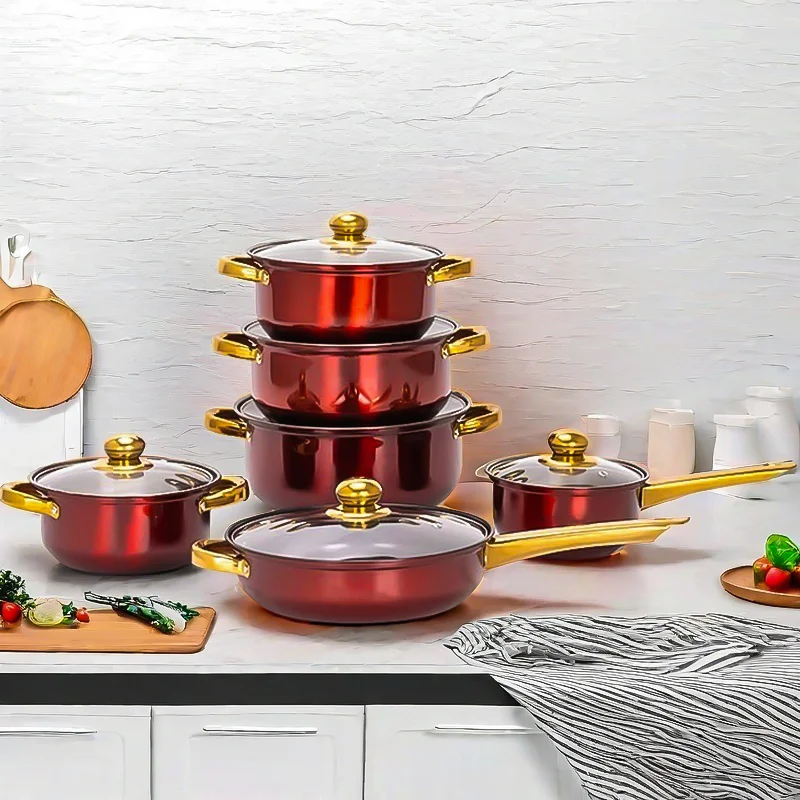 

Red 12-Piece Stackable Cookware Set with Glass Lids - Kitchen Essential Non-Stick Pots And Pans Set for Home Cooking