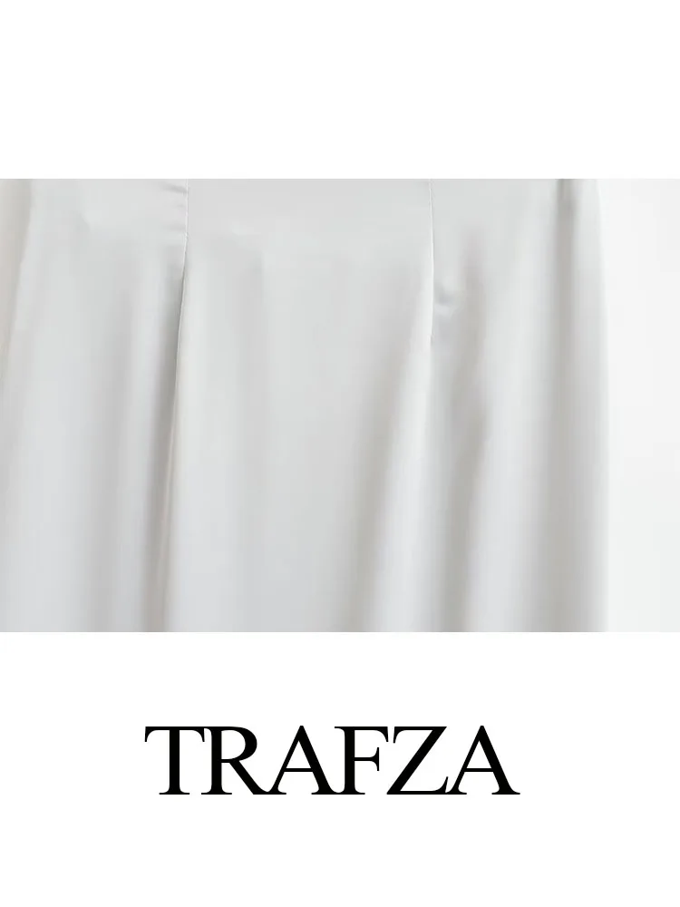 TRAFZA 2023 Women\'s Summer New Fashion Casual Street Wear Silver High Waist Slim Half Skirt Button Up Shirt Top Suit Female