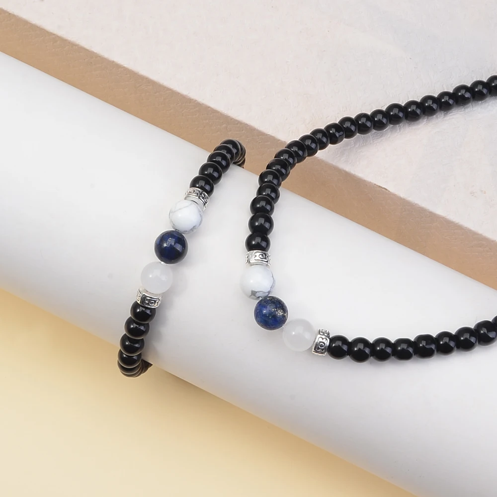 2pcs/set Obsidian Hematite Natural Stone Bracelet Necklace Set