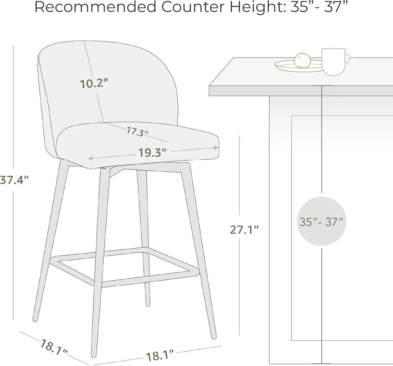 Taburetes de barra de altura de mostrador, Juego de 2 bartaburetes tapizados giratorios de 360 ° con respaldo y patas de Metal, altura de asiento de 26 "en H