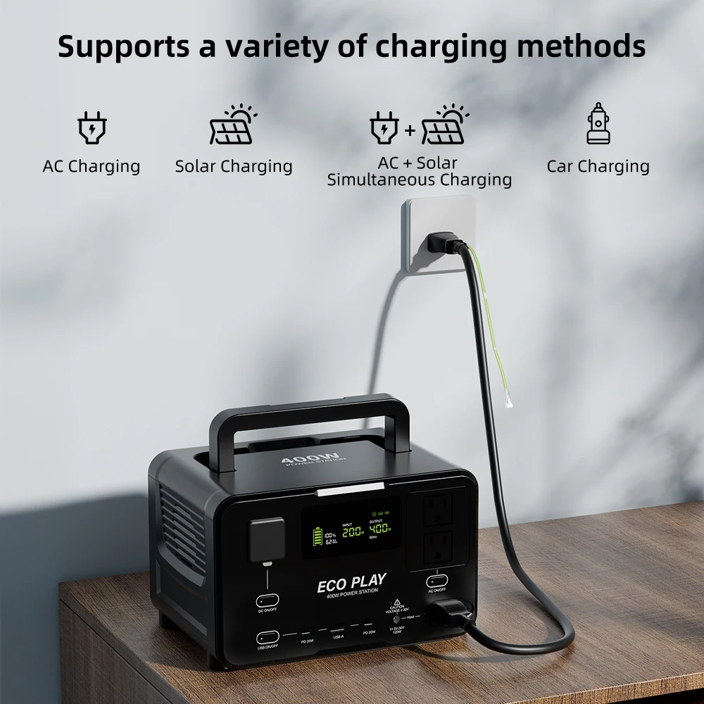 ECO PLAY Central eléctrica portátil, EP400 256 Wh, batería LiFeP04 con 2 salidas de CA de 400W (800W) para acampar al aire libre, RV y hogar