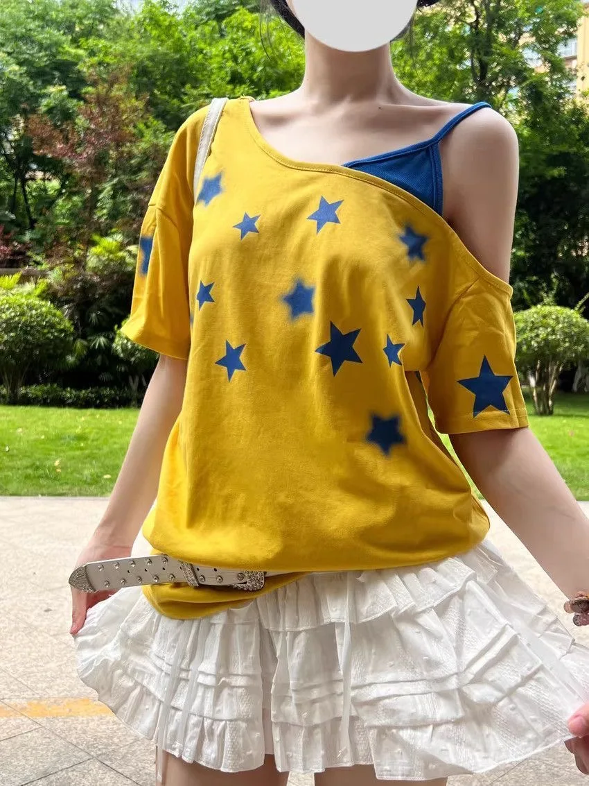 Fashion Yellow Patchwork Women's T-shirt Short Sleeve Summer Tops American Retro Skew Collar Graphic Tee 2000s Clothes Y2k