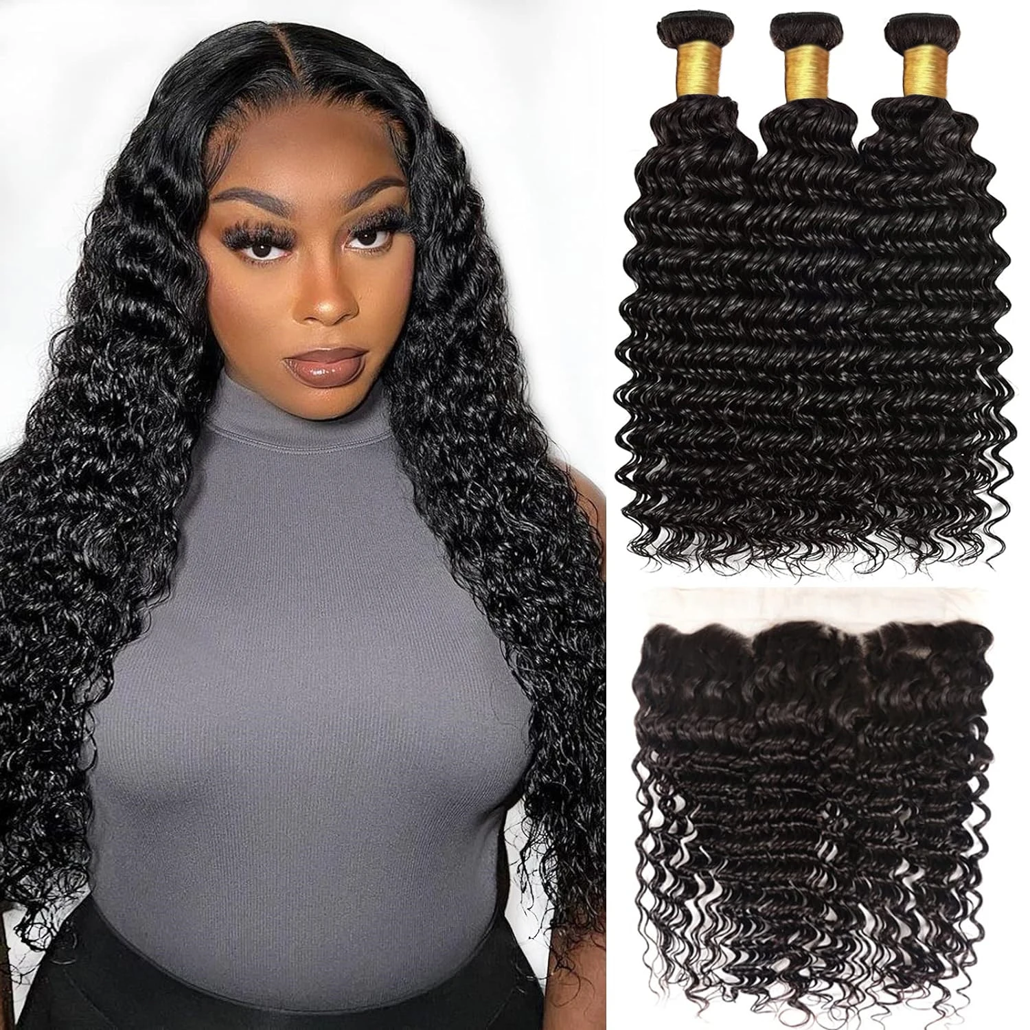 Deep Wave Bundles With Frontal Free Part 100% Unprocessed Virgin Human Hair 3 Bundles With 13x4 HD Lace Frontal Natural Color 1B