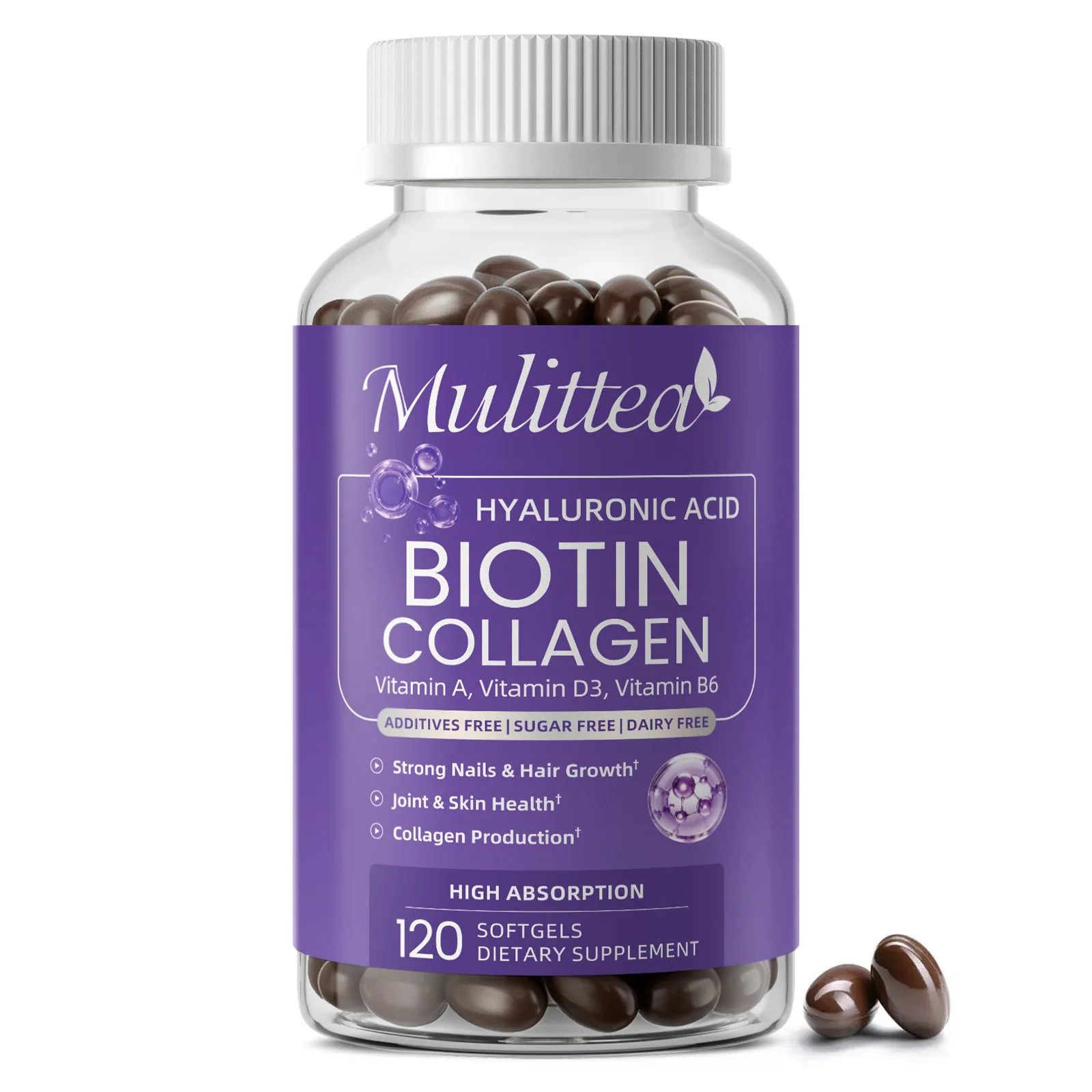 Mulittea Collagen Biotin Capsules Anti-aging Glowing Smooth Skin Formula Strong Nails Shiny Hair Helps Support Collagen Structure & Elasticity