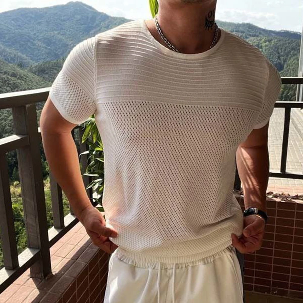 Mens Sexy Stretch See-Through Hollow Knitted T-Shirt Genderless 2024 New Nightclub Shaping Personalized Niche Tops Unisex