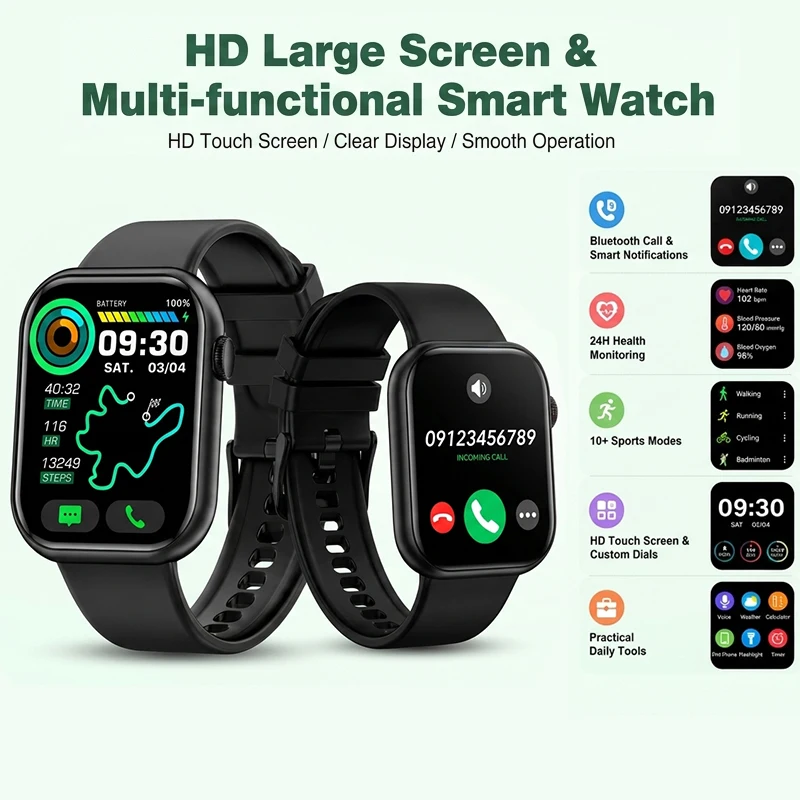 1.85 Inch Full Touch Screen Smart Watch Men Women Bluetooth Call IP67 Waterproof Outdoor Sport Fitness Tracker Heart Smartwatch