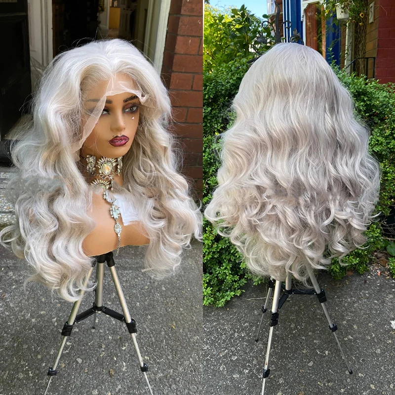 Light Silver Grey Lace Front Wig Adjustable Straps 26 inch Bouncy Thick Body Wavy Synthetic Material Heat Protected HD Lace Wigs