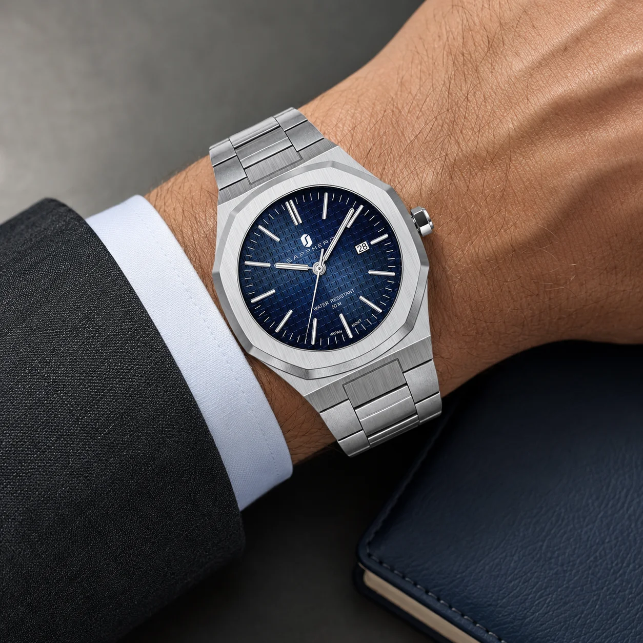 SAPPHERO Luxury Business Men\'s Watch Stainless Steel Waterproof Watch For Men Glowing Hand Date Function Tough Men Gift Watch