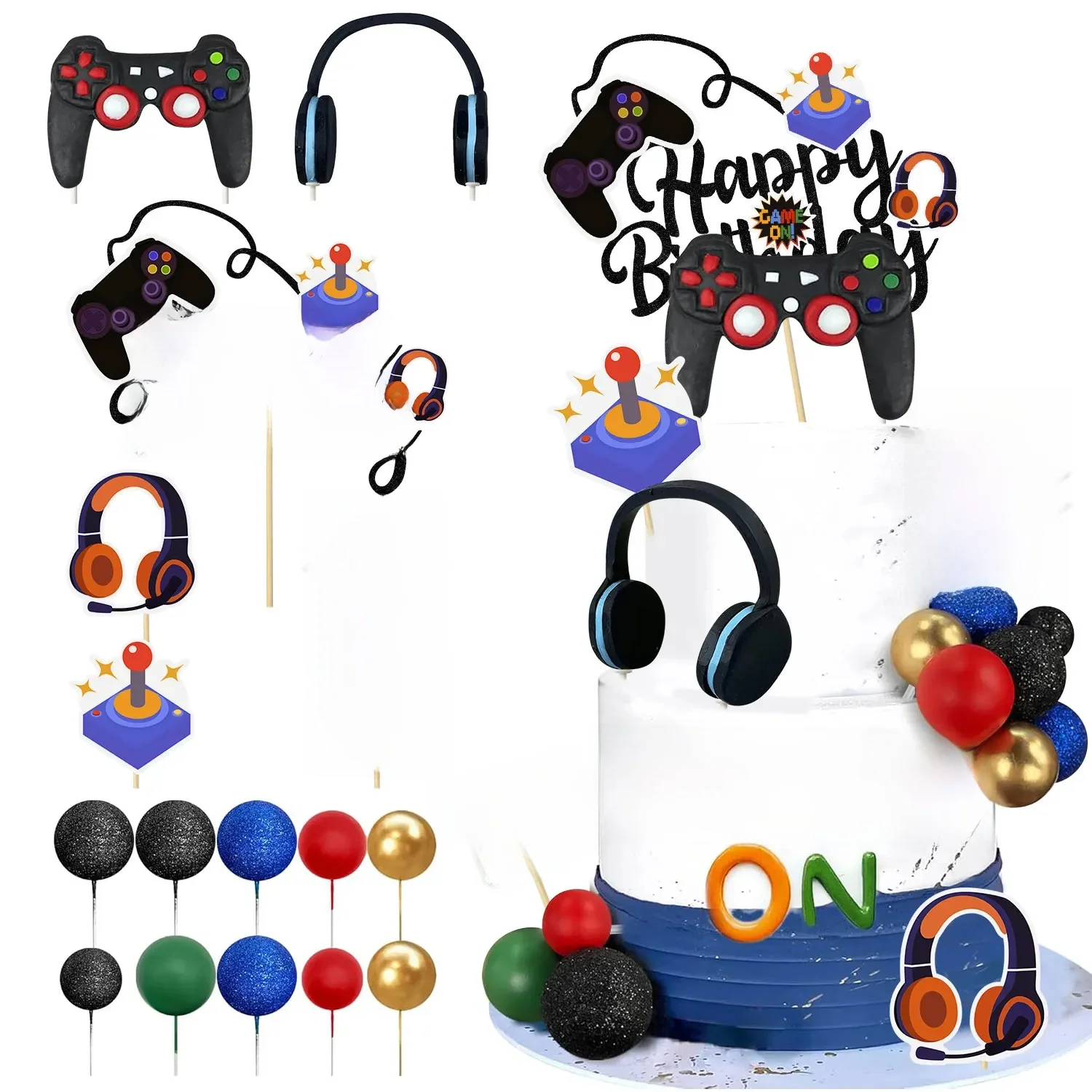 Décoration de gâteau de jeu vidéo, contrôleur de joyeux anniversaire, casque, décoration de gâteau pour thème de jeu, fournitures de fête d'anniversaire