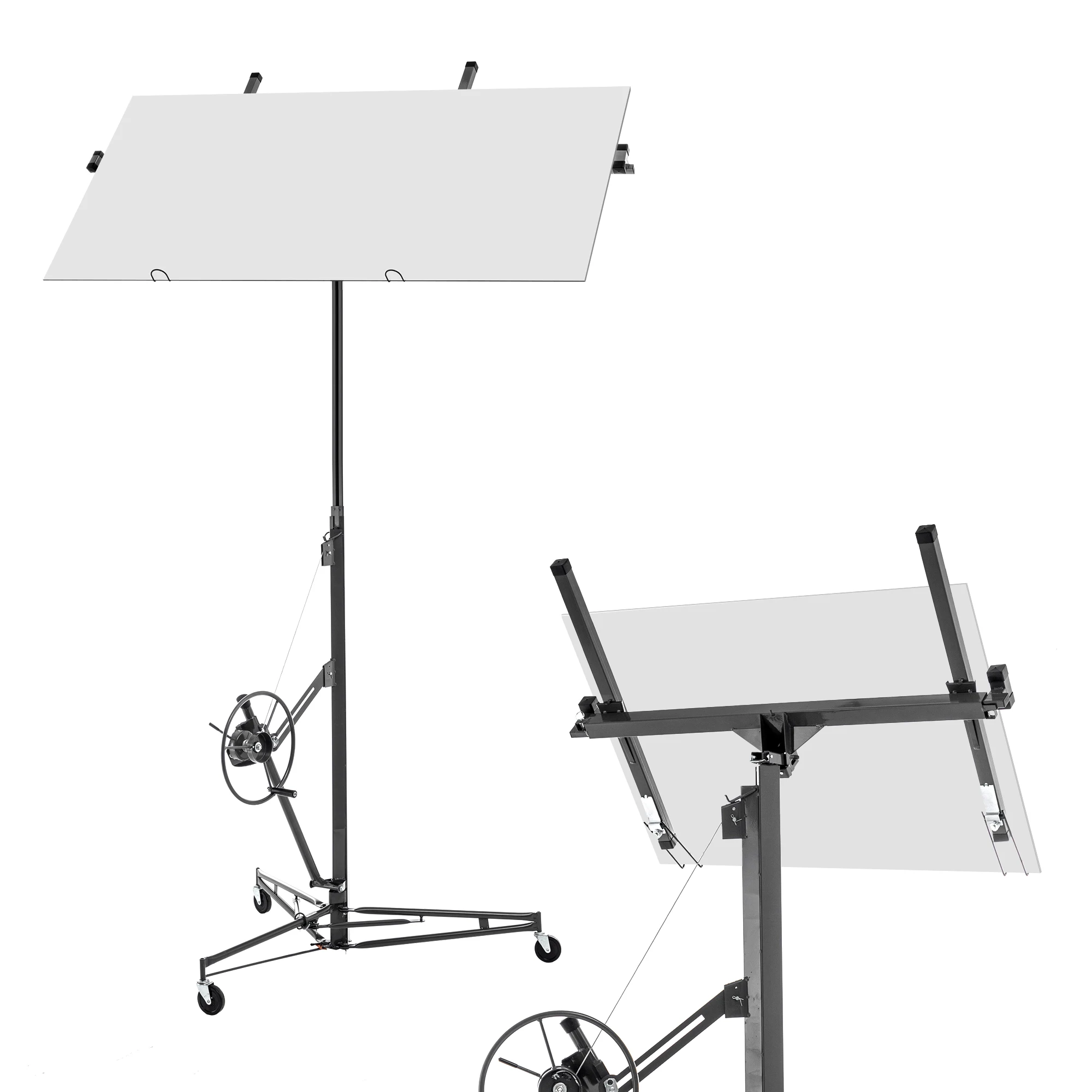 Opvouwbare gipsplaatplaat Jack 68kg, 180-470 cm in hoogte verstelbaar. Montagehulp voor gipsplaten met 3 remwielen, 60 °   kantelbaar, Grijs