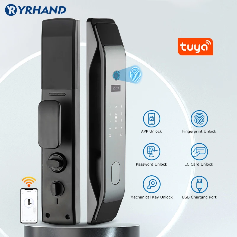 Waterpoof Tuya Wifi Fingerprint Smart Automatic Door Lock Password Nfc Card With Rechargeable Battery Antipry Alarm 6068 Mortise