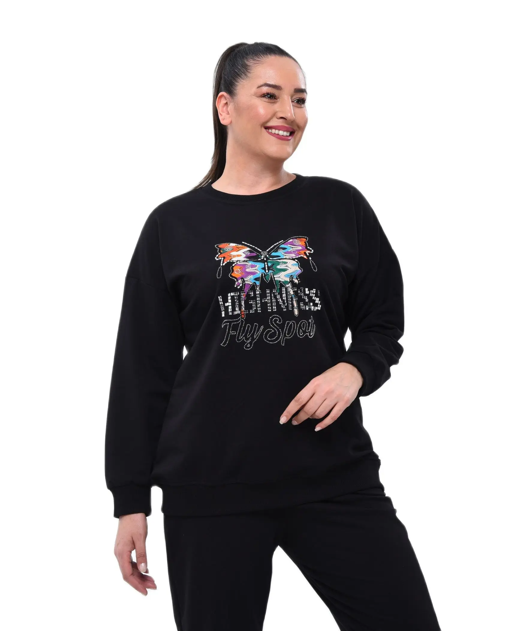 Women’s Plus Size Black Sweatsuit Set 2 Piece Butterfly Embroidery And Stone Letter Detail Tracksuit, Designed and Made in Turke