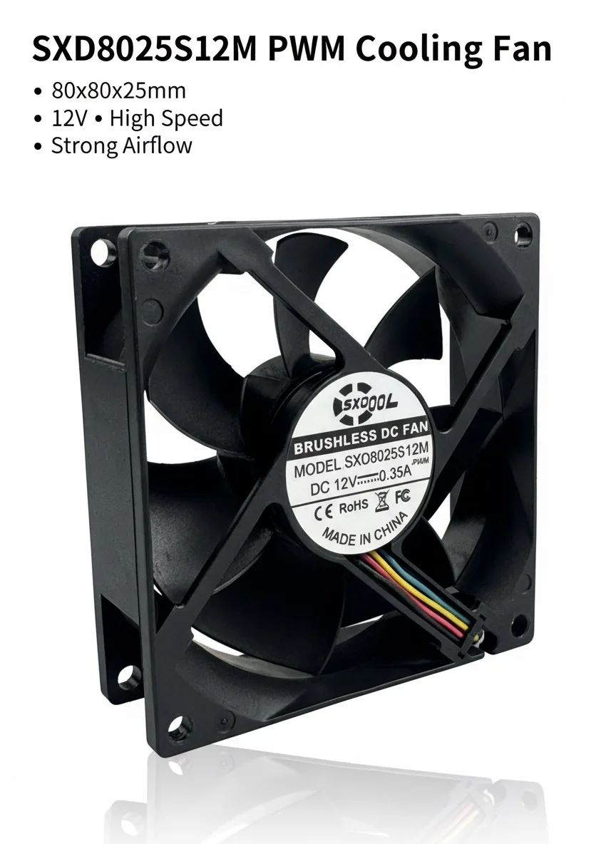 

SXD8025S12M 12V PWM Hydraulic Bearing Cooling Fan 80x80x25mm 4Pin Speed Control High Airflow Silent Fan for PC Case CPU PSU
