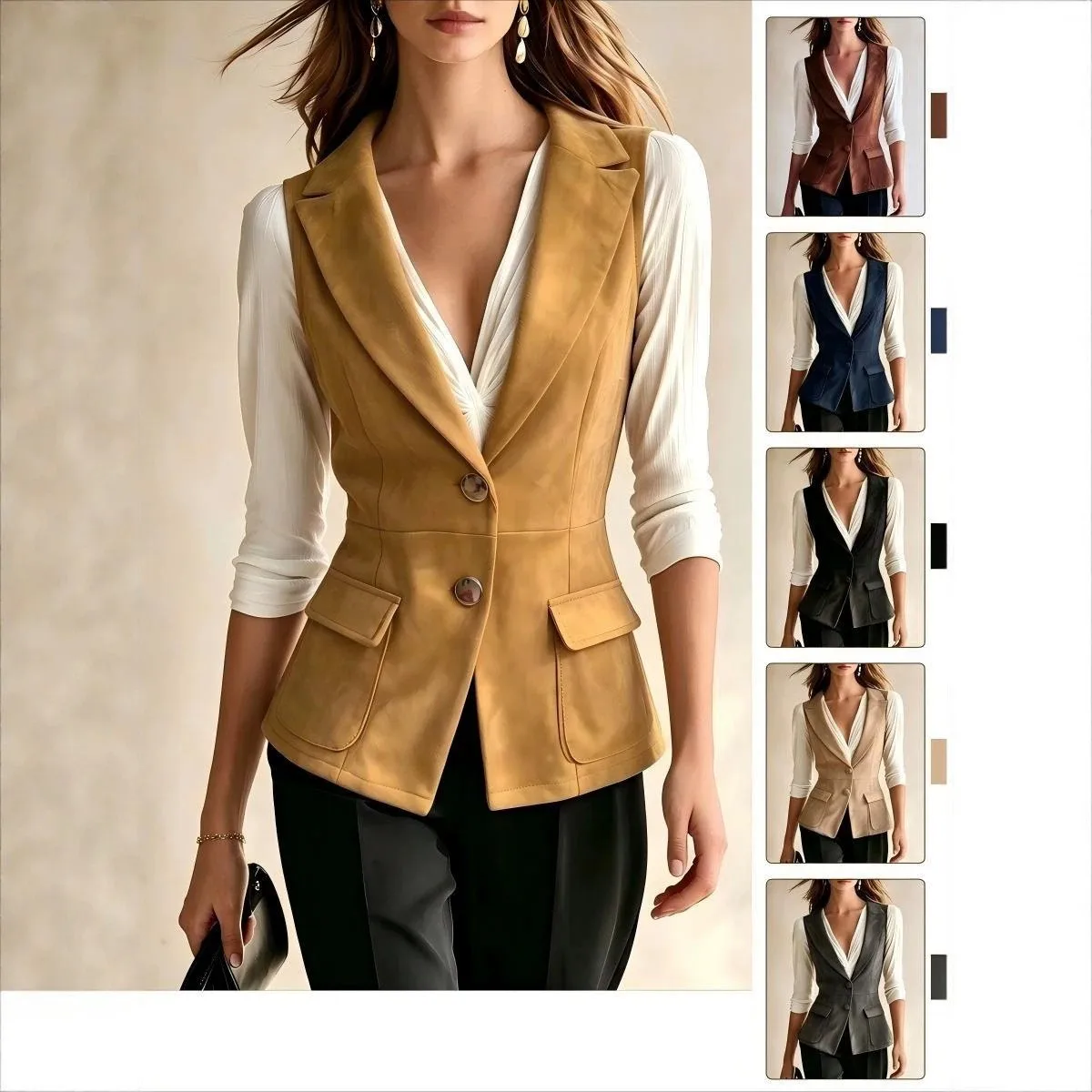 Vest Top Slim Fit with Suit Collar Single Breasted Two Button Front Regular Length Women Vest Sophisticated Professional