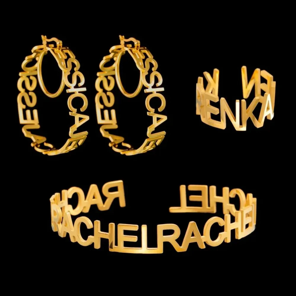 

LeeChee 3 шт., серьги-кольца с индивидуальным именем, браслет с буквенным кольцом, комплект ювелирных изделий из нержавеющей стали