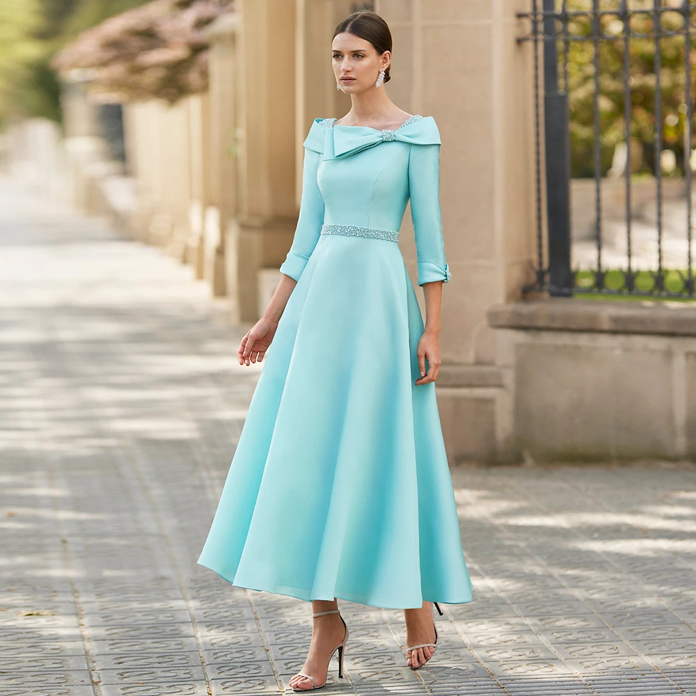 Elegante Moeder Van De Bruid Jurken O Hals 3/4 Mouwen Wedding Partij Jassen Parels Boog A-lijn Thee-Length Robe de Soiree Femme