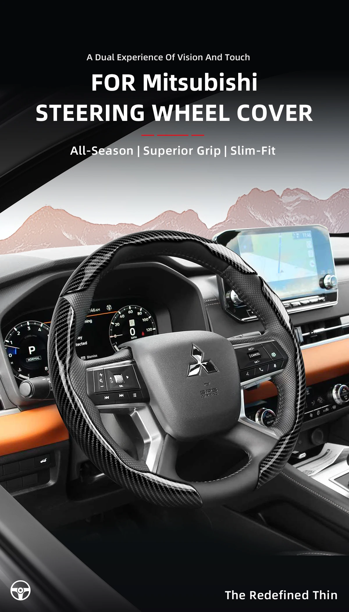 Passend für Mitsubishi Sportliches Glänzendes Carbonfaser-Textur Lenkradbezug mit Snap-On-Design für Triton L200 Xpander Pajero Montero Outlander Sport Asx Rvr Xforce Eclipse Cross Mirage Attrage Colt – Detail 1
