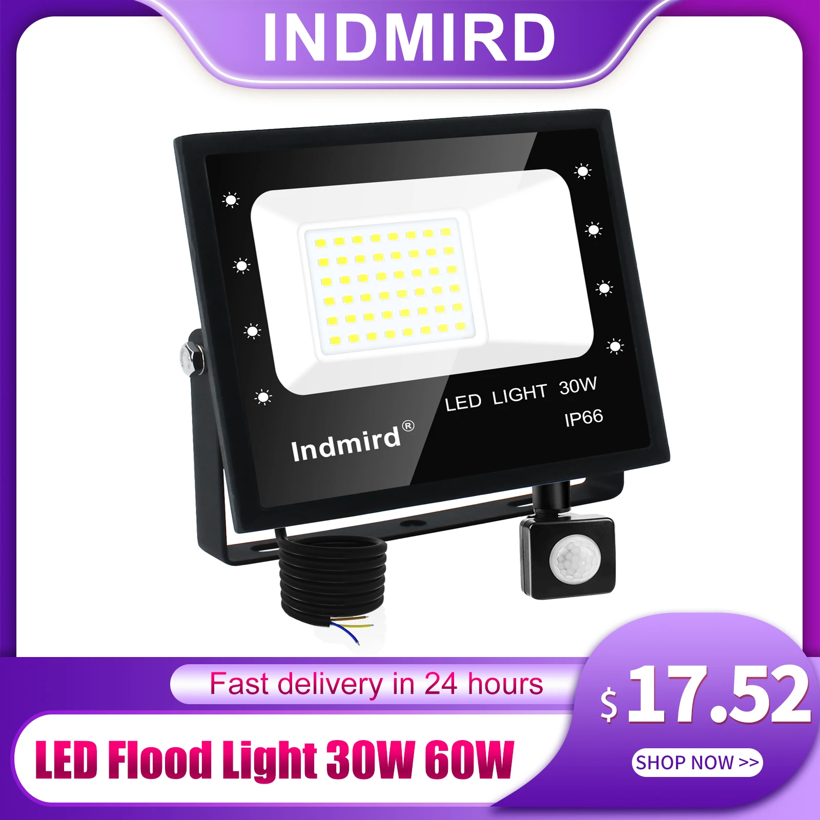 Luz de inundação LED branca fria, IP66 impermeável, Refletor de parede exterior, Iluminação do jardim, Projector quadrado, 30W, 60W