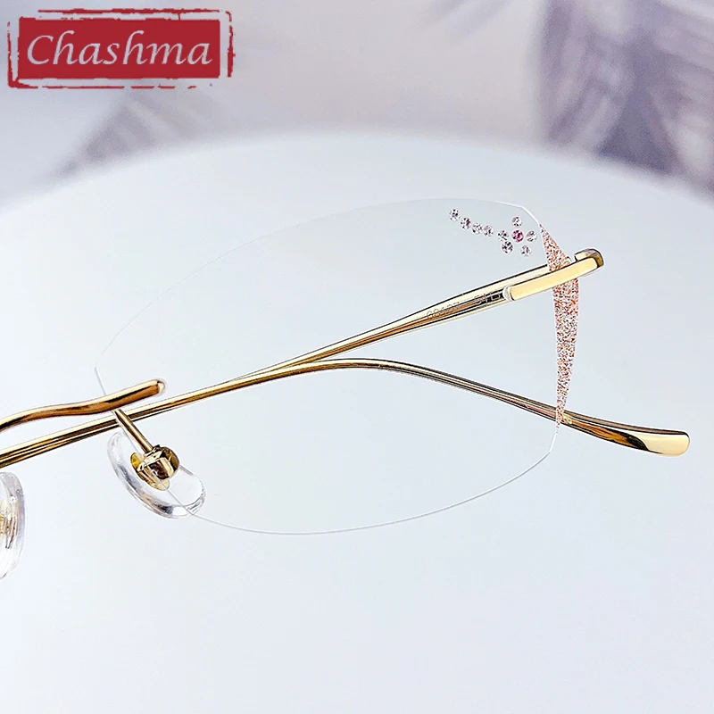 

Chashma Prescription Glasses Titanium Women Eyeglasses Frames Fashion Diamond Trimmed Rimless Eyewear for Recipe Eyewear Lenses