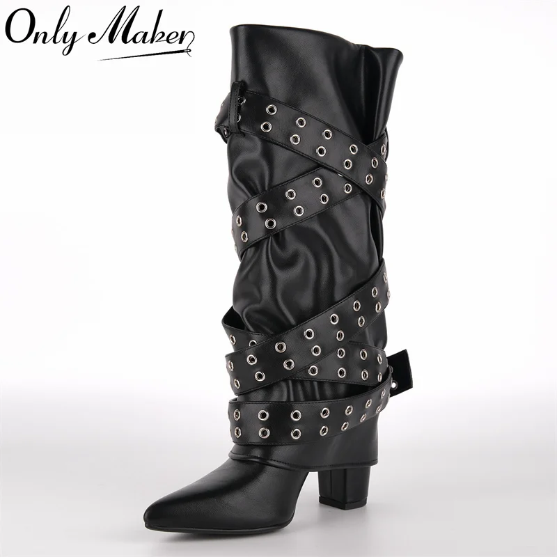 

Onlymaker Pointed Toe Fold Over Buckle Strap Mid-Calf Boots Chunky Heel Autumn Solid Pull On Fashion Elegant Boots