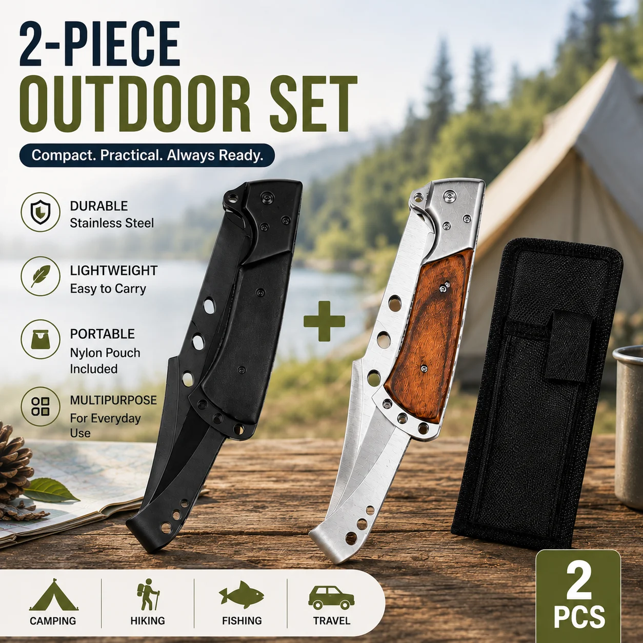 2-teiliges tragbares Outdoor-Werkzeugset, kompakte Werkzeuge mit Aufbewahrungstasche für Camping, Wandern, Reisen und den täglichen Gebrauch