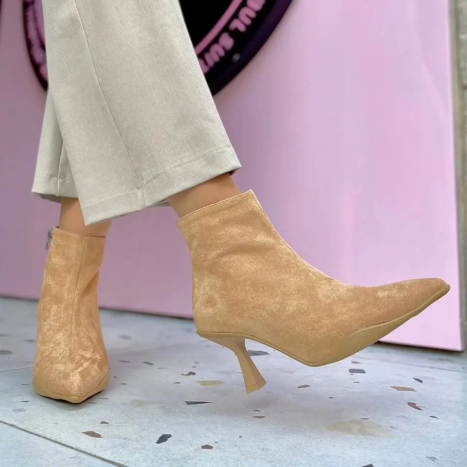 Closed Pointy Toe Stiletto High Heels Suede Ankle Boots Sexy Ladies Zip V Shape Booties Elegant Party Dress Ladies Modern Boots