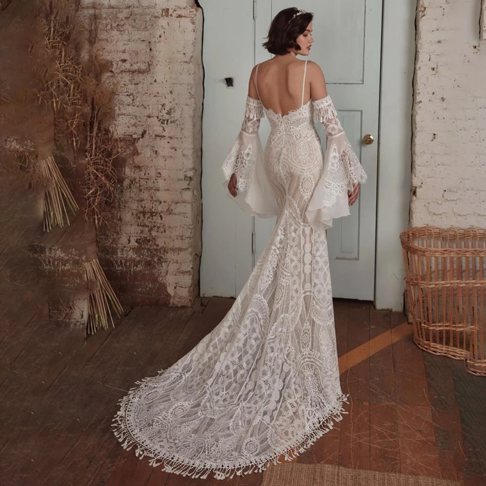 Spaghetti Straps Detachable Sleeves Lace Wedding Dress Custom Made Fit and Flare Tulle Skirt Boho Mermaid Backless Bridal Gown