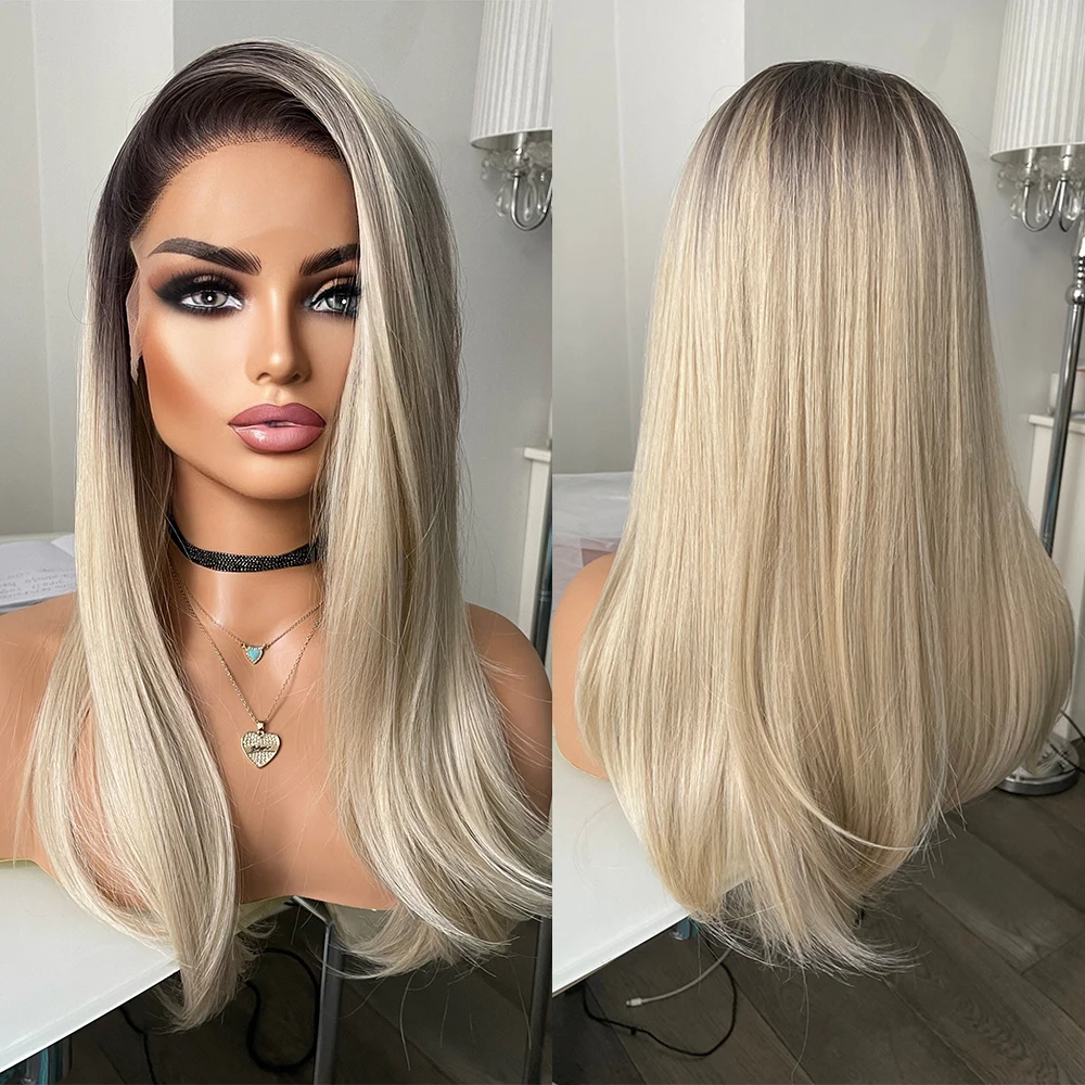 Ombre Blonde Lace WigSun Kissed Blonde Pre-Plucked Hairline Free Part 13x3 Swiss Lace Front Wig Heat Resistant Synthetic Wig