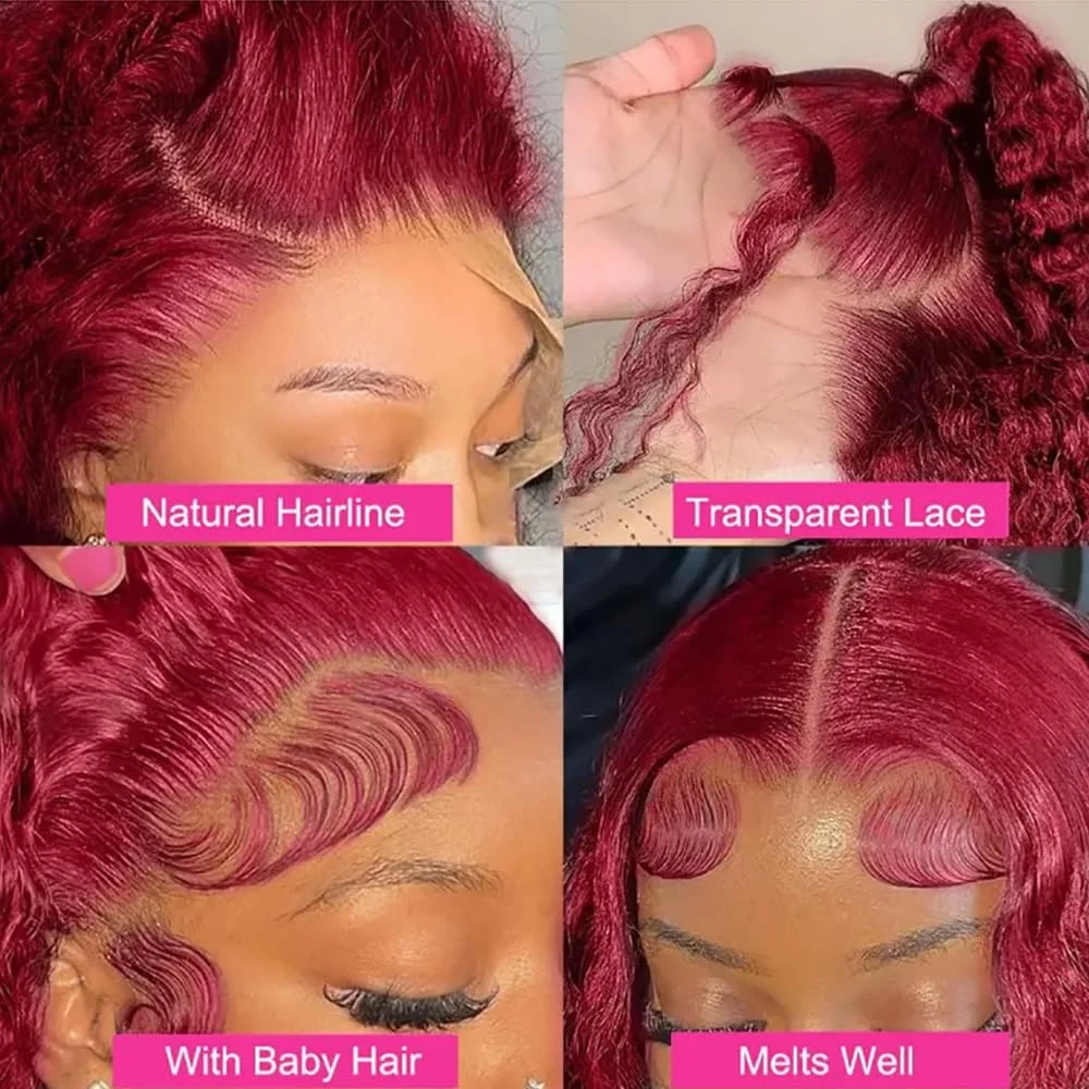 バーガンディ99Jディープウェーブボブウィッグ人毛プレプラッキング済み透明レースフロントウィッグ13x4ディープウェーブショートボブウィッグ女性用