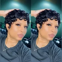 Short Wavy Curly Pixie Cut Full Machine Made Human Hair Wigs With Bang For Black Women Remy Brazilian Hair Pixie Cut Wig