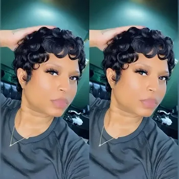 Short Wavy Curly Pixie Cut Full Machine Made Human Hair Wigs With Bang For Black Women Remy Brazilian Hair Pixie Cut Wig