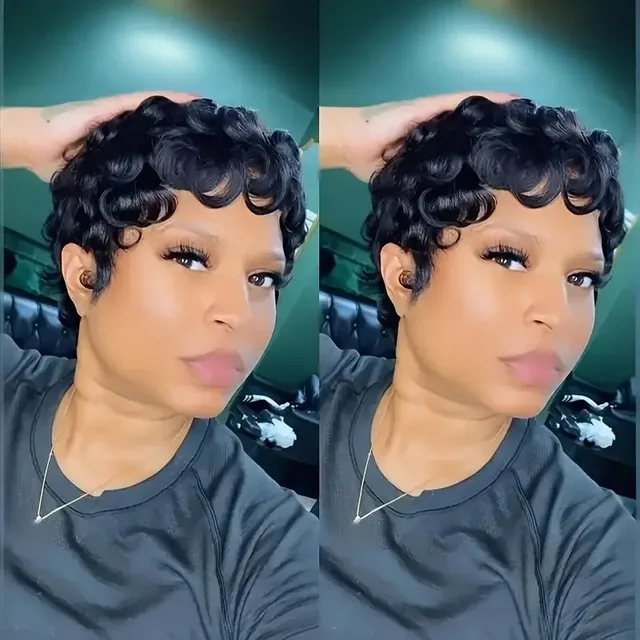 Short Wavy Curly Pixie Cut Full Machine Made Human Hair Wigs With Bang For Black Women Remy Brazilian Hair Pixie Cut Wig