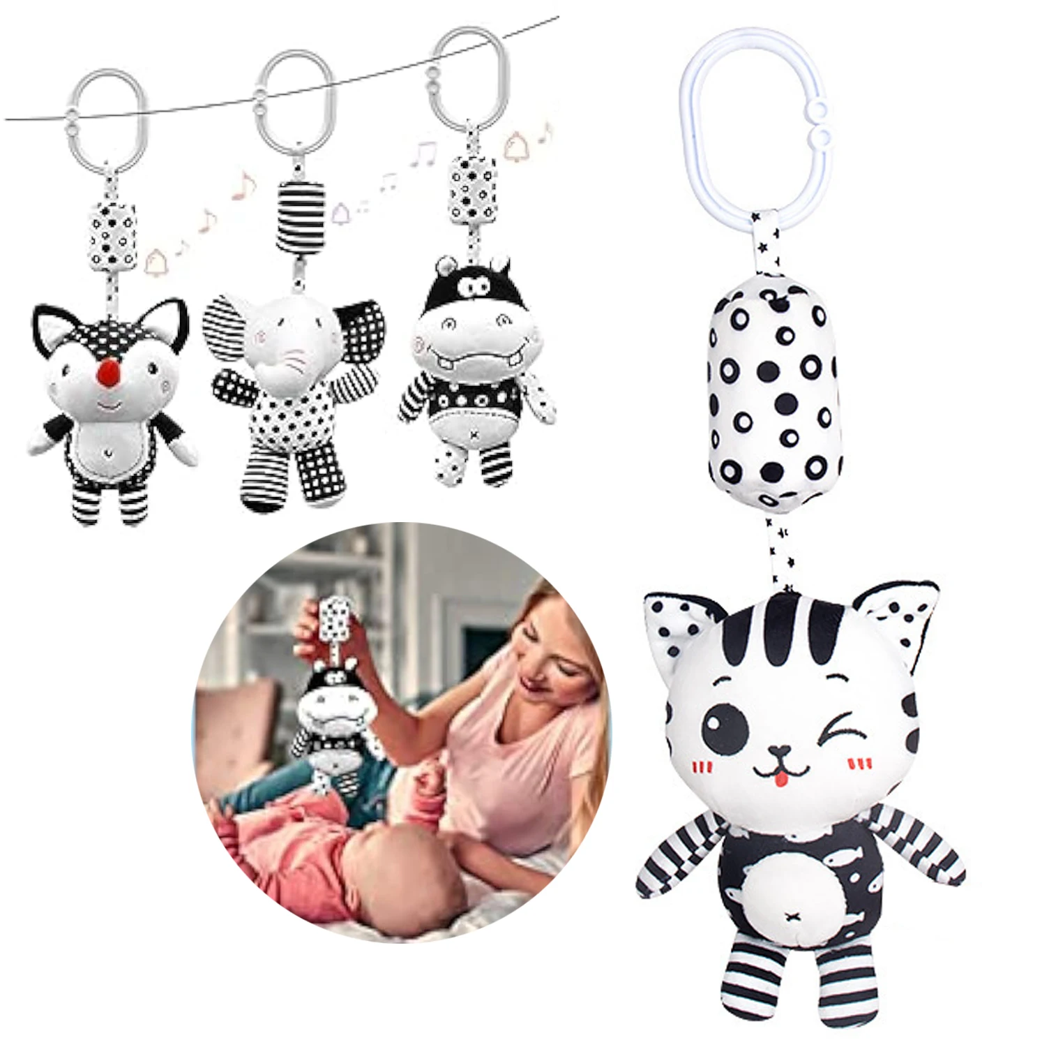 Cloches pour nouveau-né, hochet en peluche douce, jouet suspendu pour berceau, siège de voiture, poussette de voyage, carillon éolien noir et blanc, jouet éducatif, cadeau