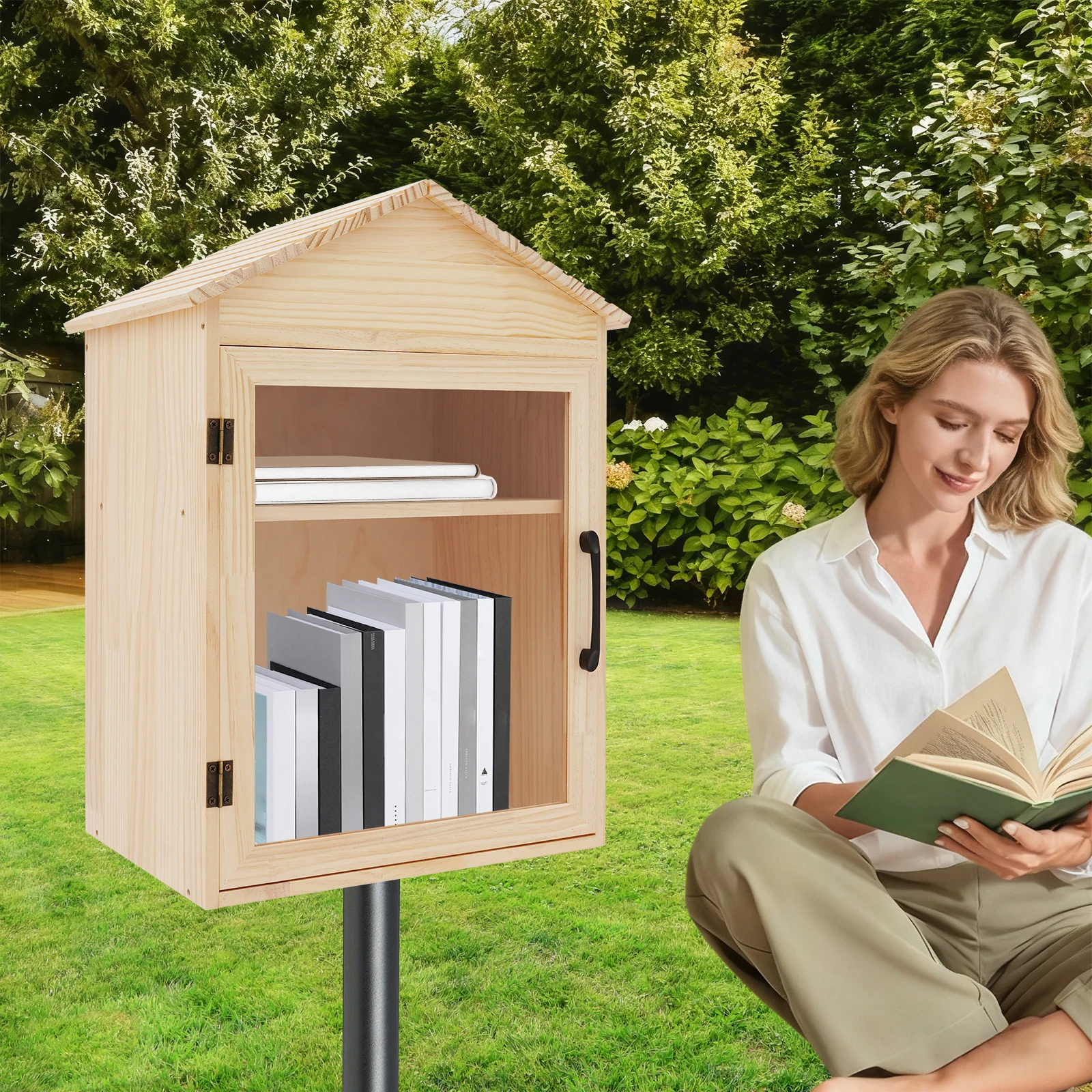 خزانة كتب خشبية من خشب الصنوبر والأكريليك بطبقتين لغرف المعيشة والمكتبات والمدارس والحدائق لتخزين الكتب والمجلات وما إلى ذلك