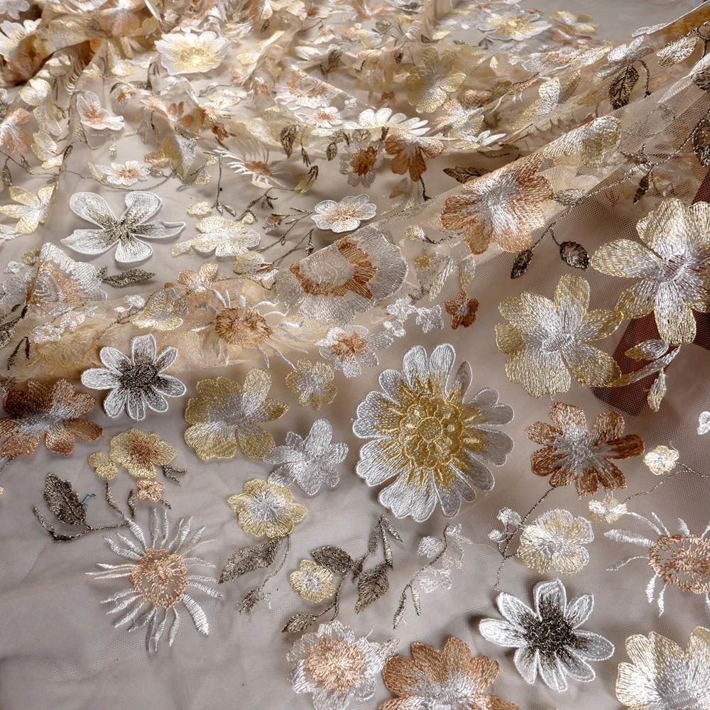 

HelluyerDc Beige mixed 3D bige flowers lace fabric,simple embroidery for wedding prom dress fabric by the yard