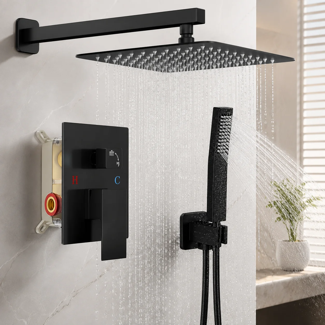 Home Bathroom Upgrades - ชุดฝักบัวเรนชาวเวอร์แบบซ่อนผนังสีดำด้านสุดหรู, ระบบฝักบัวเรนชาวเวอร์ทรงสี่เหลี่ยมสไตล์มินิมอลทันสมัย พร้อมก๊อกผสมติดผนังในตัวและฝักบัวมือถือ สำหรับตกแต่งและยกระดับห้องน้ำสปาในบ้าน