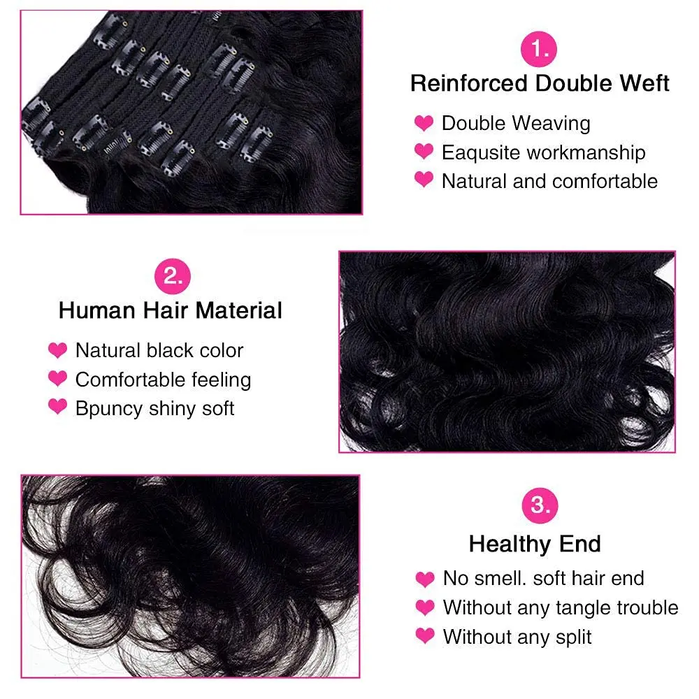 Human Hair Body Wave Clip In Hair Extensions Brazilian Clip In Natural Black Color Clip Ins Remy Hair 8-26 Inches 120G 8Pcs/Set