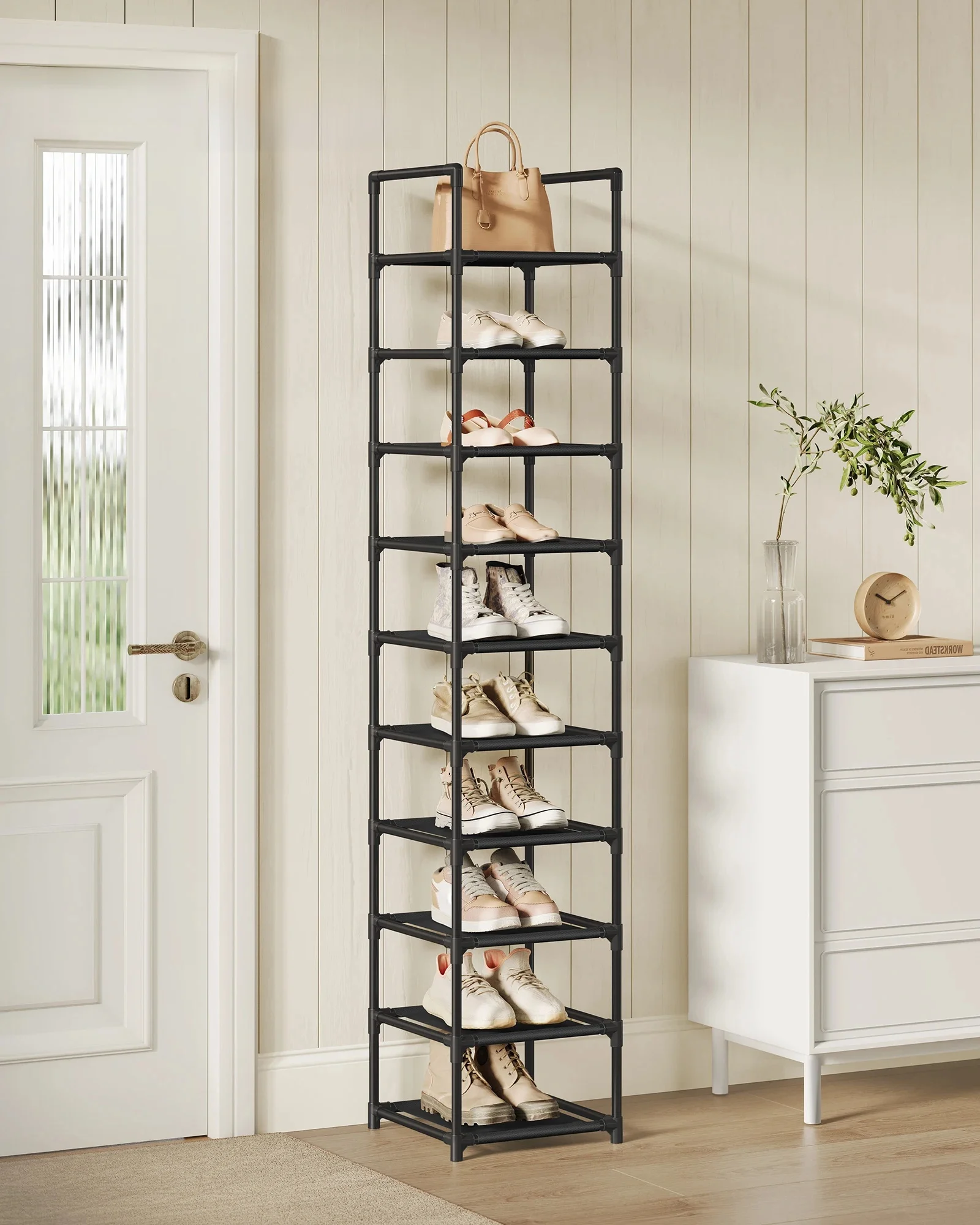 SONGMICS Schuhregal,10 Ebenen, Schuhablage, Schuhaufbewahrung, schmal, 33 x 33 x 173 cm, Metallgestell, Ablagen aus Vliesstoff