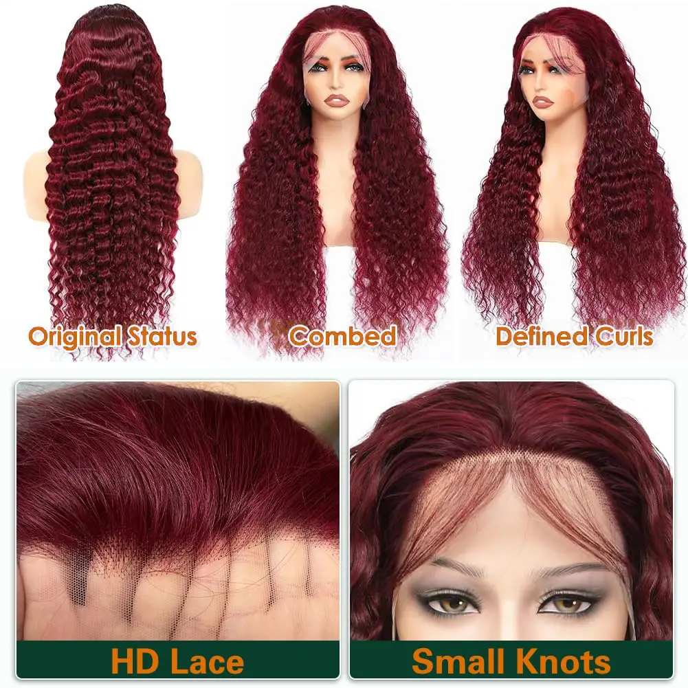 Wig Rambut Asli 13x4 Deep Curly HD Lace Frontal Wig Transparan 99J Burgundy Curly Lace Front Wig Berwarna Merah Deep Wave 34 Inch