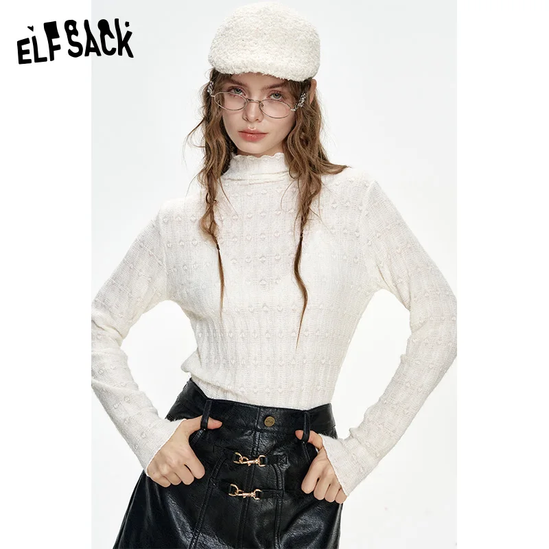 

ELFSACK 2024 Winter New Arrivals White lace ruffled high collar bottoming shirt for women all-match soft top