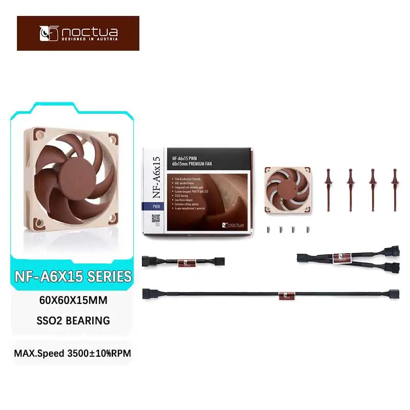 Noctua NF-A6X15 Quiet cooling fan，60x60x15mm/SSO2 bearings/Material Fibre-glass reinforced PBT/High performance cooling fan