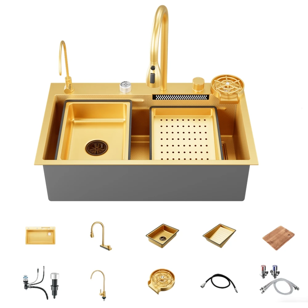 Broncho 29.5 X 17.7 Inch Flying Rain Nano Stainless Steel Workstation Kitchen Sink, Digital Control Waterfall Pull Out Faucet, 4 Water Outlet Modes, Complete Accessories Set