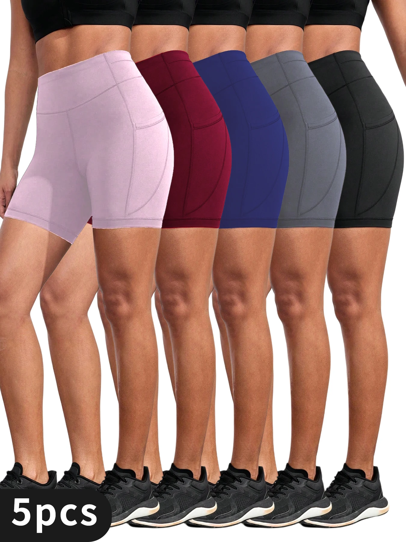 

5PC Somen's High-Waisted Running Shorts with Side Pockets, Compression Fit, Quick-Drying and Butt-Enhancing for Performance