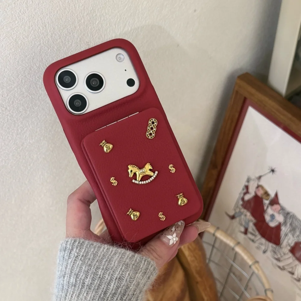 Fashion luxurious leather 3D money bag mirror holder phone case for 17 16 ProMax14 Pro Fundas new shockproof protective cover