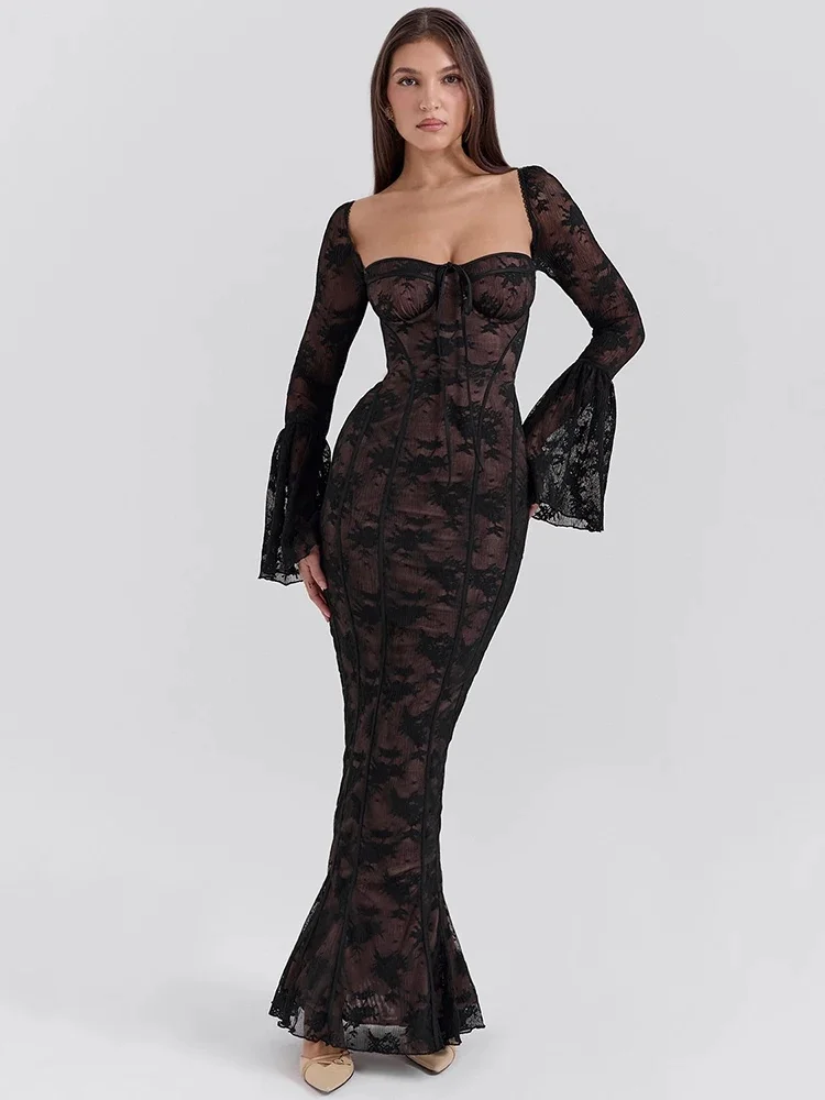 Mozision Lace Print Long Flare Sleeve Sexy Maxi Dress For Women Fashion Square Collar Backless Bodycon Club Party Sexy Dress — zdjęcie 2