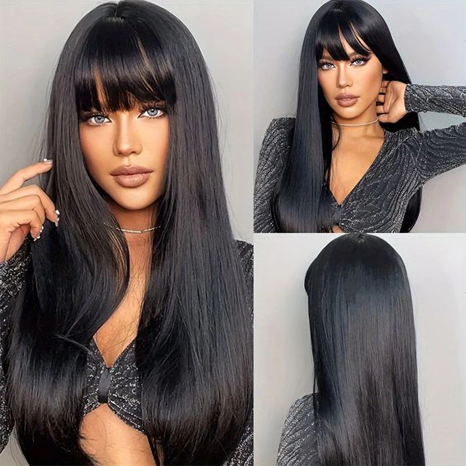 

Human Hair Straight Wigs With Bangs Machine Made Wigs Brazilian Remy Hair For Women Daily Use Natural Color 100% Human Hair