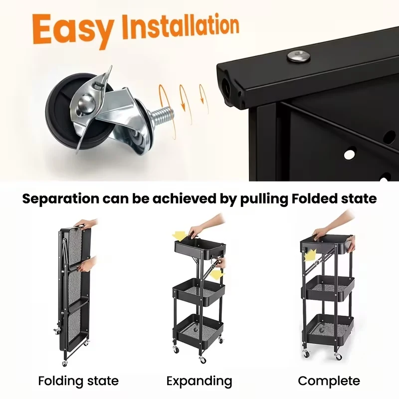 No Assembly Foldable Rolling Cart, Foldable 3 Tier Rolling Cart, Portable Metal Utility Trolley with Handle & Wheels, Multi-purpose Plant Display Shelf, Mobile Storage Organizer for Plants, Snacks, Bathroom, Bedroom, Home Decor