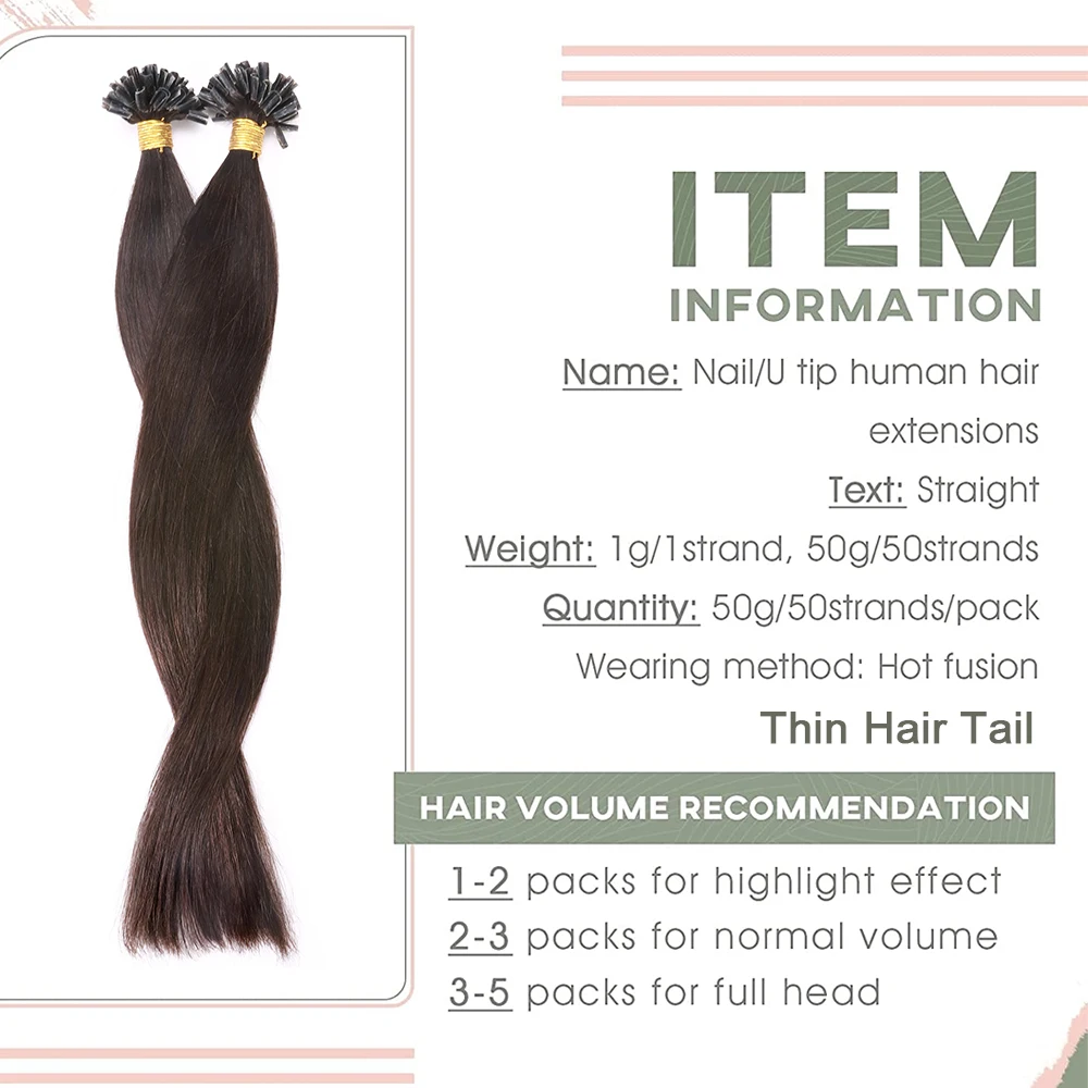 SEGO 1g/s Straight U Tip Hair Extension Pre Bonded Keratin Real Human Hair Nail Tip Extensions 50 Strands 50g