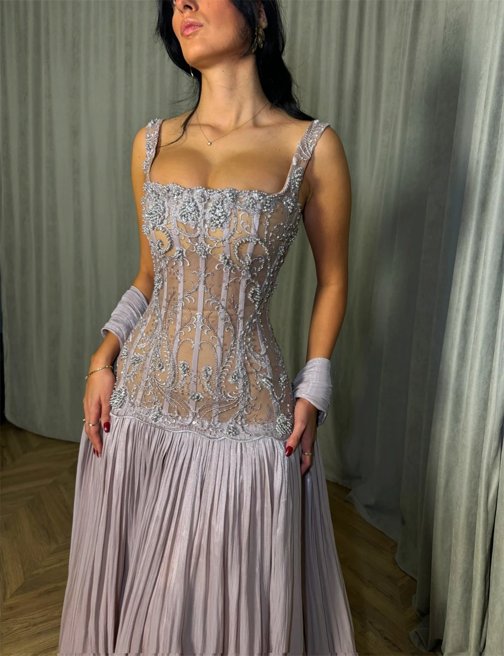 Sansa personalizado empoeirado lilás a linha beading plissado vestido de baile com xale sem mangas vestidos de noche até o chão vestido formal