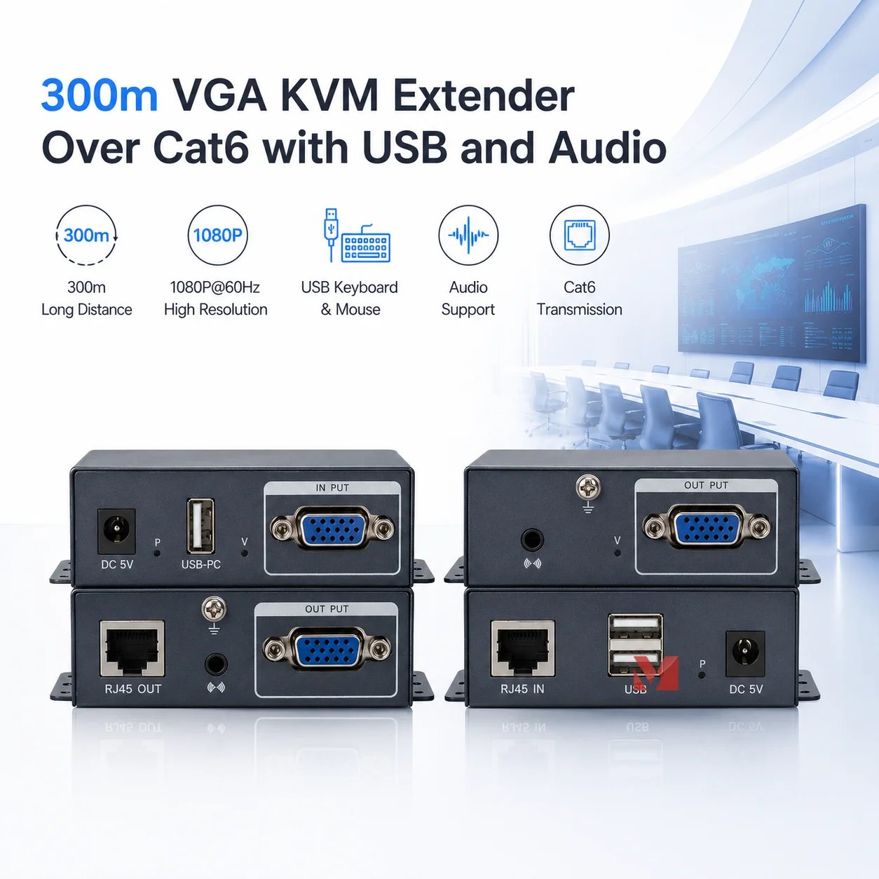 VGA KVM Extender 300m Cat6 1080P60Hz USB Audio Signal Extender VGA Video Transmitter Receiver EDID MJPEG Loop Out